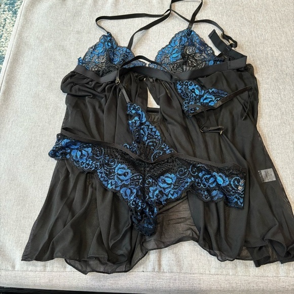 Sexy Lace Babydoll Lingerie with Choker Chemise Nightgown Cut Out Back 2PCS - Picture 2 of 11